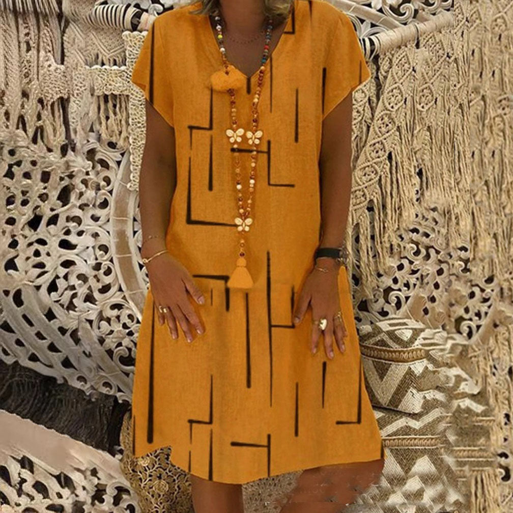 👗【S-5XL】Vestido de algodón estampado con cuello en V