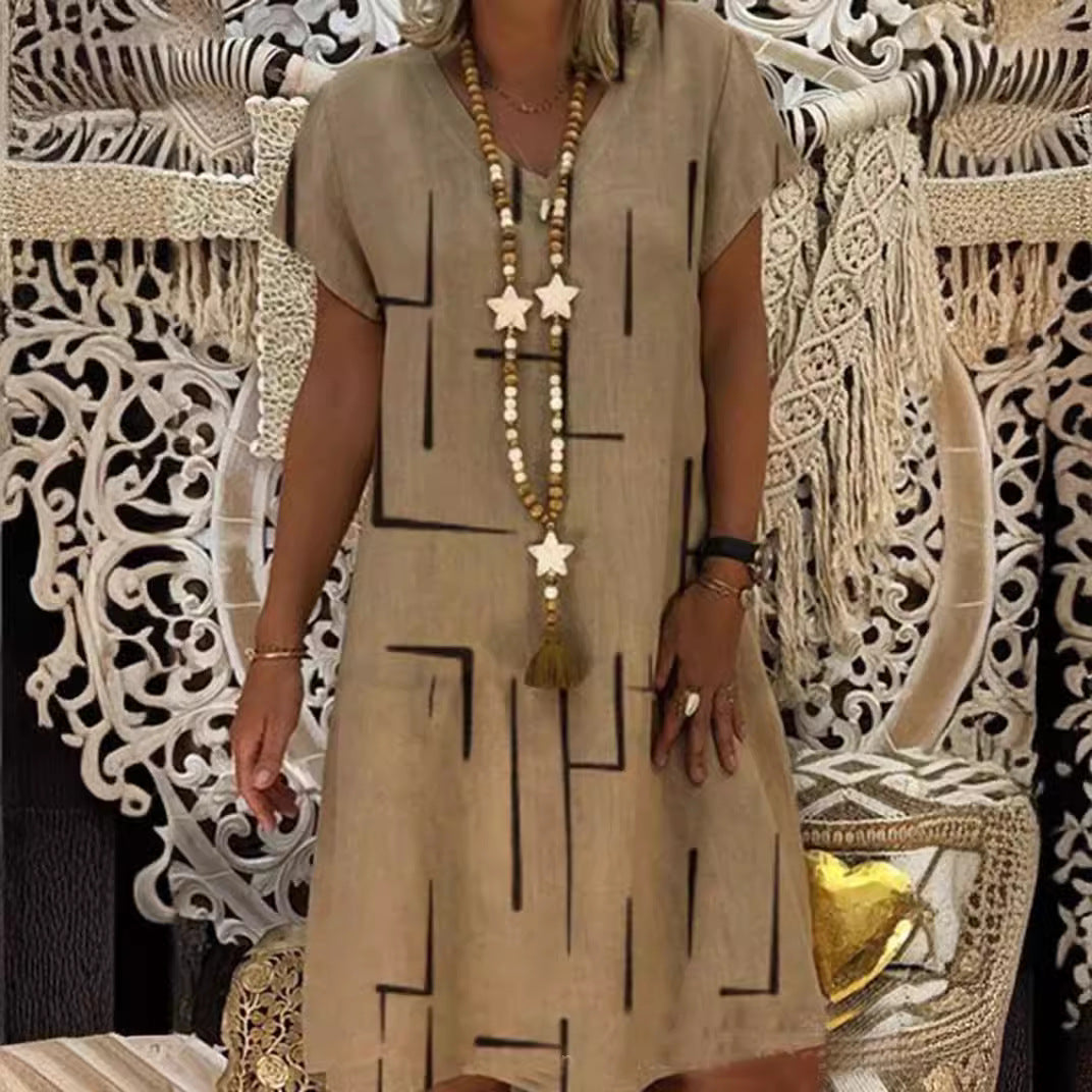 👗【S-5XL】Vestido de algodón estampado con cuello en V