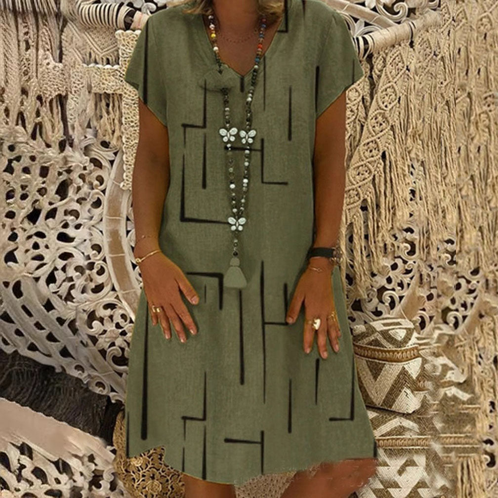 👗【S-5XL】Vestido de algodón estampado con cuello en V
