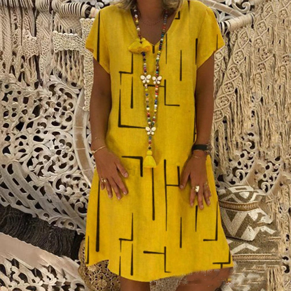 👗【S-5XL】Vestido de algodón estampado con cuello en V