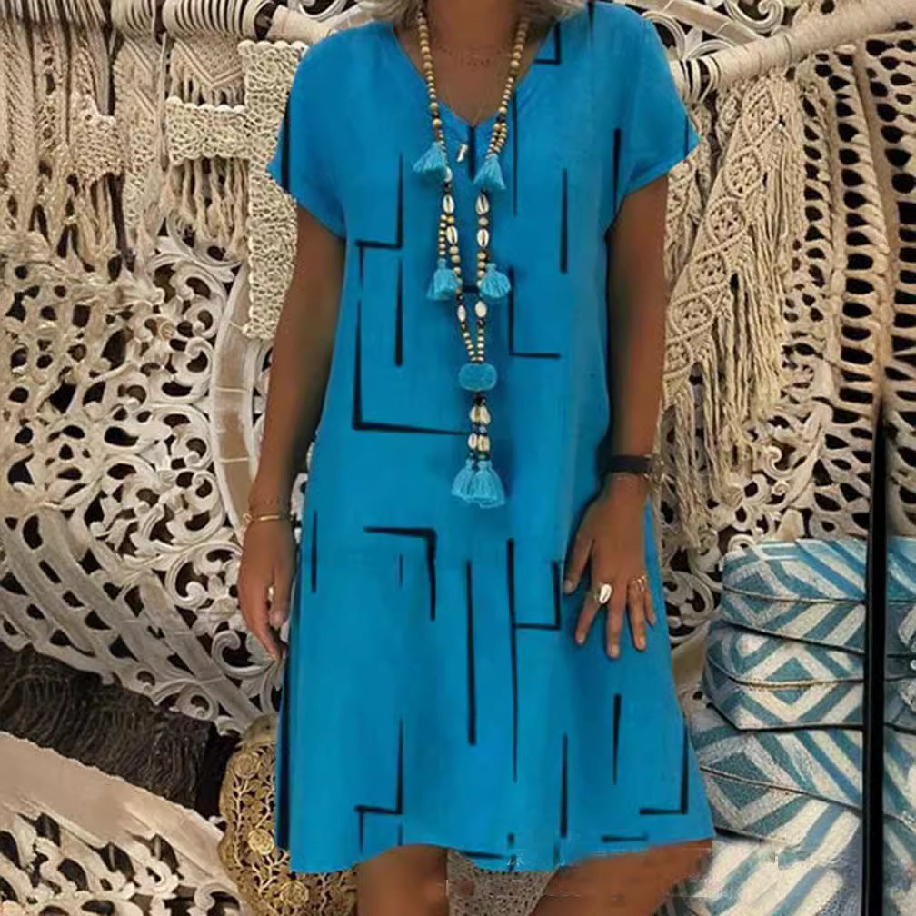 👗【S-5XL】Vestido de algodón estampado con cuello en V