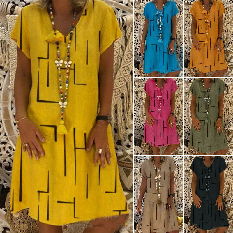 👗【S-5XL】Vestido de algodón estampado con cuello en V